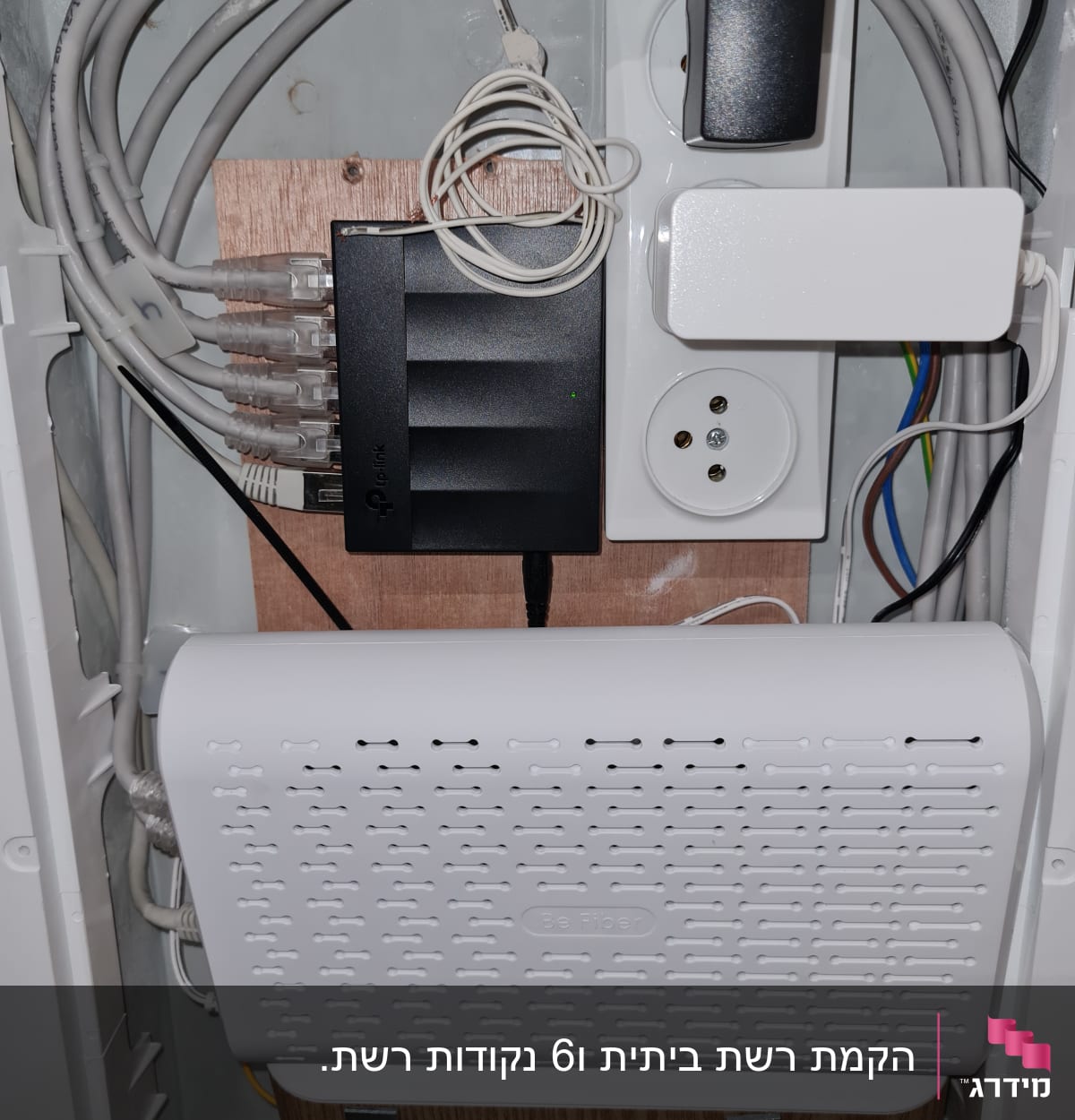 נתב רשת, כבלים ומפצל חשמל בארון תקשורת